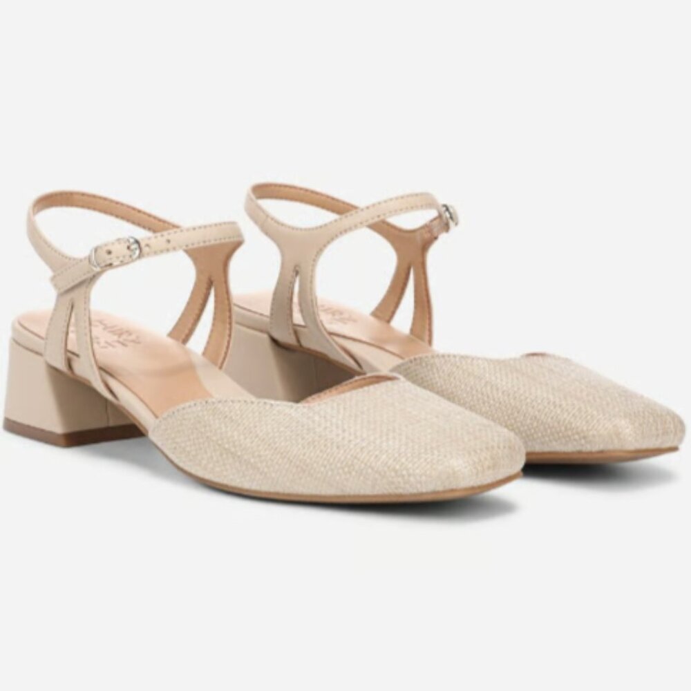 Naturalizer Beige Woven Leather Low Block Heel Sandals Wide Width
